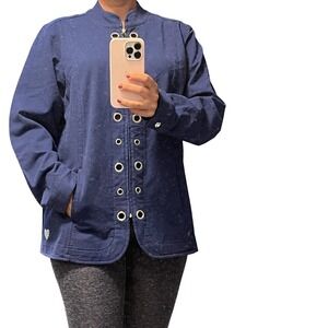 Quaker Factory Blue Rhinestone‎ Heart Eyelet Jacket Women's Size L